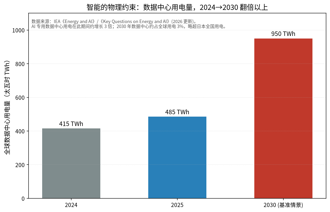 图2|全球数据中心用电量:2024 约 415 TWh,2025 约 485 TWh,2030 基准情景约 950 TWh。数据来源:IEA《Energy and AI》。